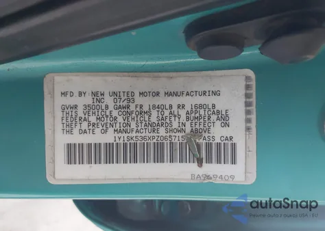 1993 Geo Prizm Lsi from USA, damaged, VIN 1Y1SK536XPZ065715